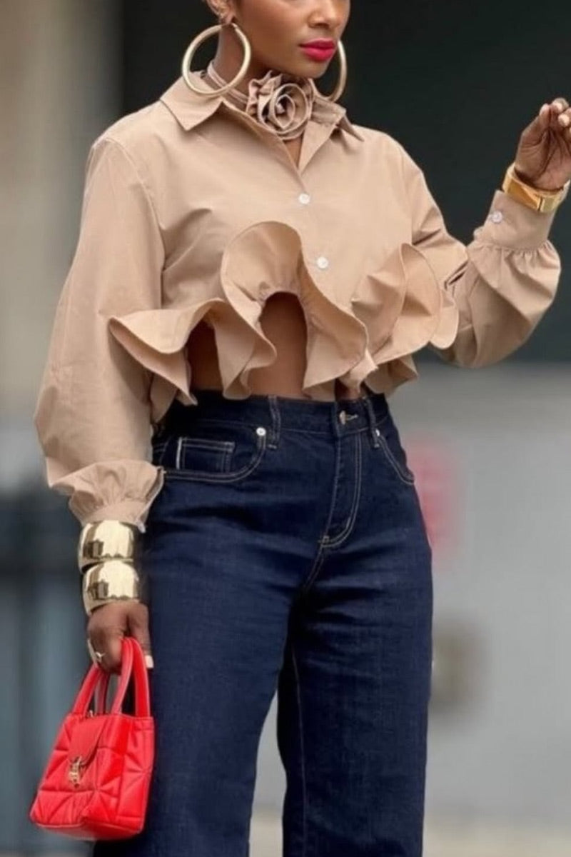 Women Office Chic Flounce Cut Out Front Long Lantern Sleeve Cropped Shirt