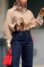Women Office Chic Flounce Cut Out Front Long Lantern Sleeve Cropped Shirt