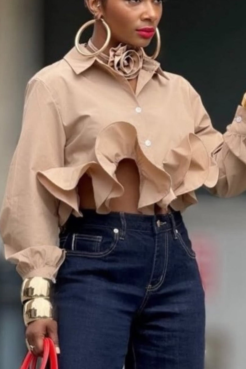 Women Office Chic Flounce Cut Out Front Long Lantern Sleeve Cropped Shirt