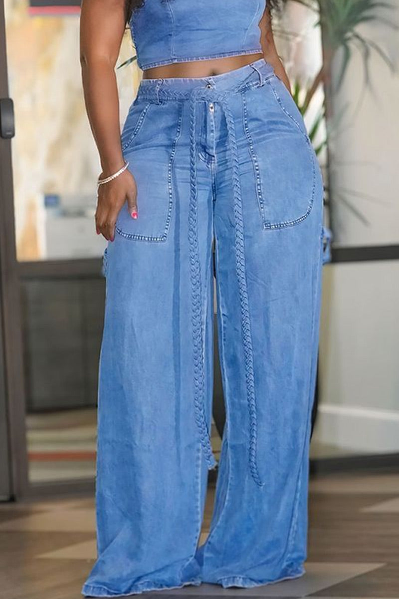 women's Light Denim Raw Edge Strapless Tube Crop Top Or High Waist Braided Tie Belt Big Patch Pocket Flowy Wide Leg Denim Pants
