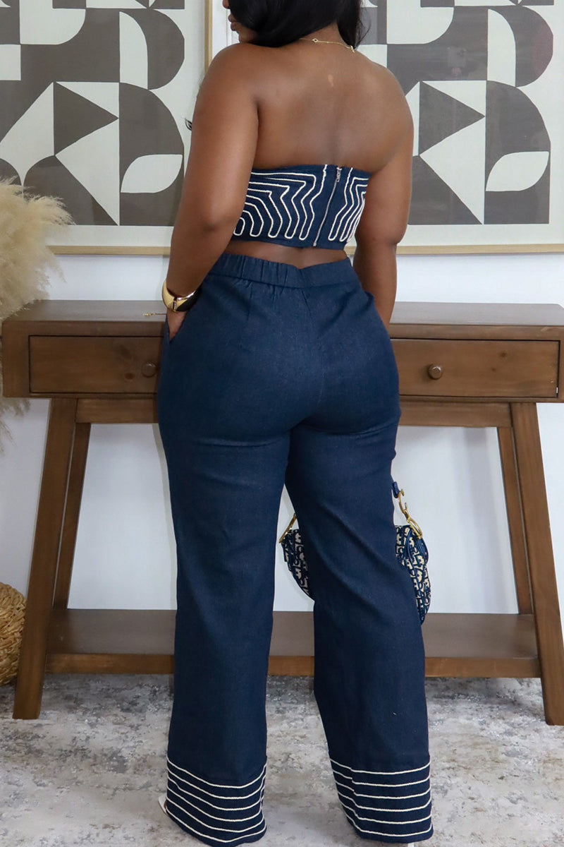 Women's Strapless Form Fitting Color Block Print Sexy Vacation Top Or Color Block Wide Leg Trousers
