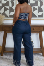 Women's Strapless Form Fitting Color Block Print Sexy Vacation Top Or Color Block Wide Leg Trousers