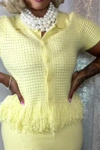 Women's Short Sleeve Commuter Top With Raw Edge Paneling Or Women's Raw Hem Form Fitting Hip Hugging Mini Skirt