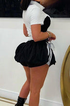 Women's Casual Color Block Collared Top Or Striped Color Block Tulip Mini Skirt