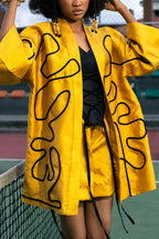 Women Oversized Wide Cuff Satin Kimono Jacket With Abstract Black Line Piping Detail