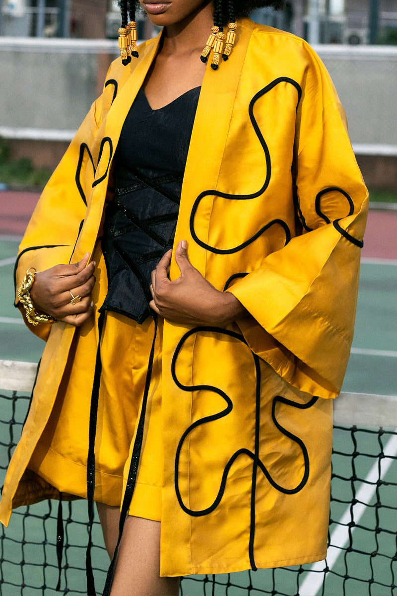 Women Oversized Wide Cuff Satin Kimono Jacket With Abstract Black Line Piping Detail