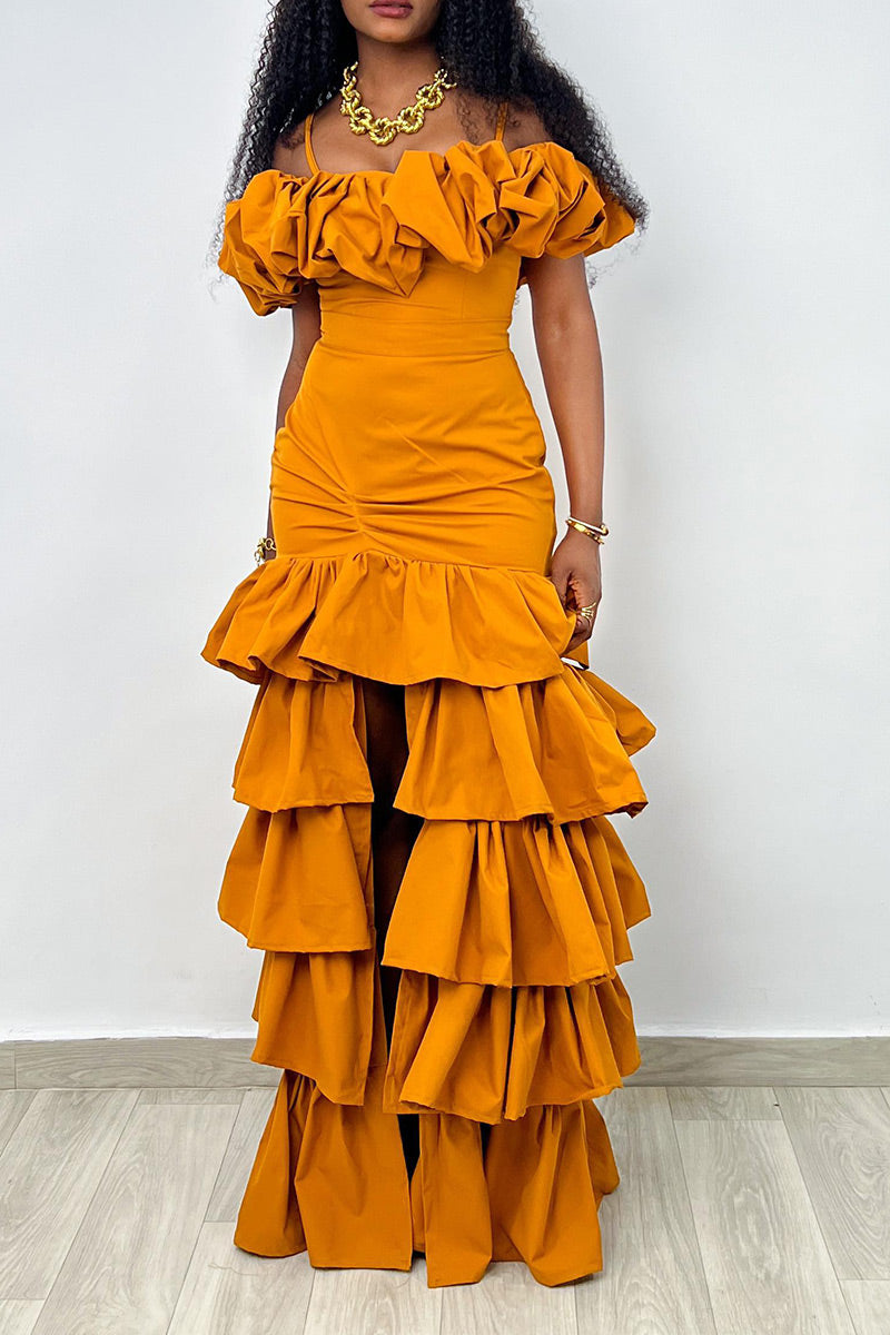 Women's Off Shoulder Bubble Ruffle Spaghetti Strap Ruched Waist Crop Cami Top Or High Waist Multi Tier Ruffle Front High Slit Wide Leg Flowy Pants