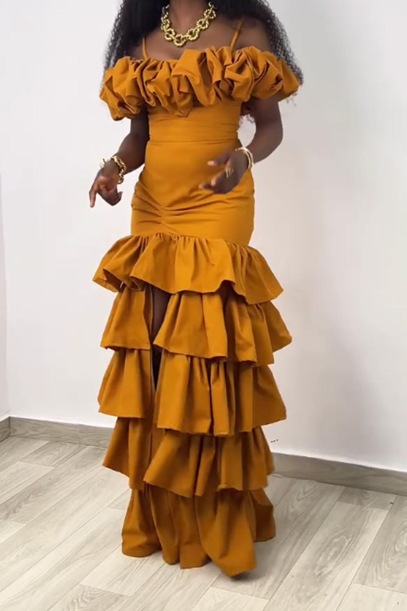 Women's Off Shoulder Bubble Ruffle Spaghetti Strap Ruched Waist Crop Cami Top Or High Waist Multi Tier Ruffle Front High Slit Wide Leg Flowy Pants