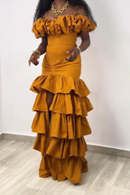 Women's Off Shoulder Bubble Ruffle Spaghetti Strap Ruched Waist Crop Cami Top Or High Waist Multi Tier Ruffle Front High Slit Wide Leg Flowy Pants