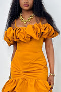 Women's Off Shoulder Bubble Ruffle Spaghetti Strap Ruched Waist Crop Cami Top Or High Waist Multi Tier Ruffle Front High Slit Wide Leg Flowy Pants