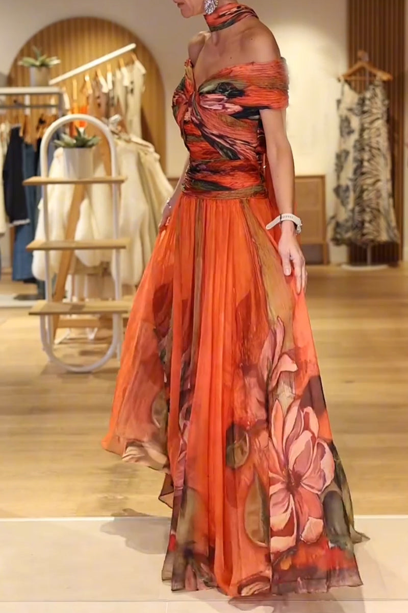 Women One-Shoulder Print Waist-Cinched Elegant Casual Maxi Dresses