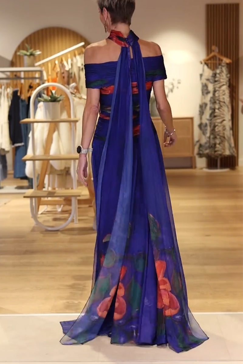 Women One-Shoulder Print Waist-Cinched Elegant Casual Maxi Dresses