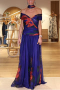 Women One-Shoulder Print Waist-Cinched Elegant Casual Maxi Dresses