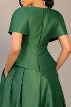 Women's Shiny Satin Cape Collar Ruched Waist Peplum Short Top Or High Waist Voluminous Pleated Side Hidden Pocket Satin Midi Skirt