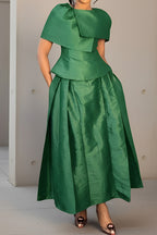 Women's Shiny Satin Cape Collar Ruched Waist Peplum Short Top Or High Waist Voluminous Pleated Side Hidden Pocket Satin Midi Skirt