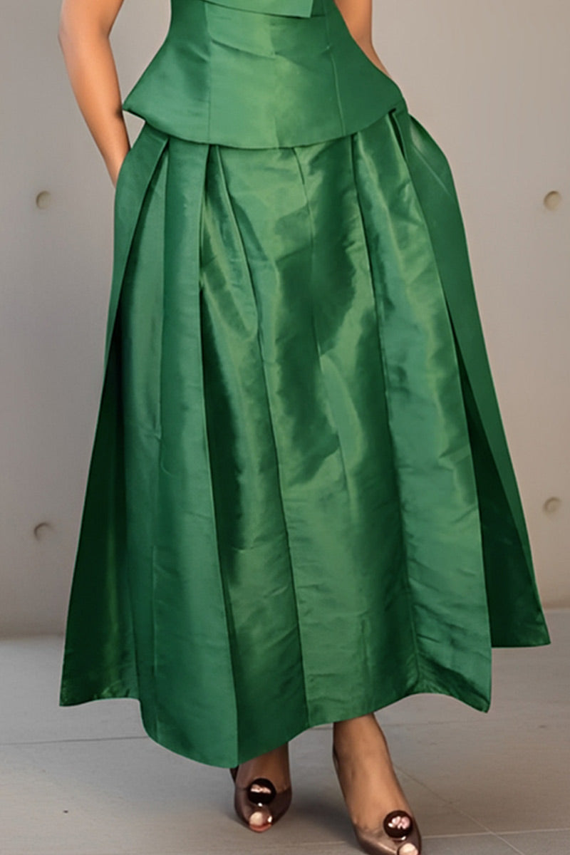 Women's Shiny Satin Cape Collar Ruched Waist Peplum Short Top Or High Waist Voluminous Pleated Side Hidden Pocket Satin Midi Skirt
