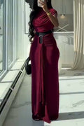 Women Round Neck Waist Cinched Slim Fit Elegant Temperament Maxi Dresses