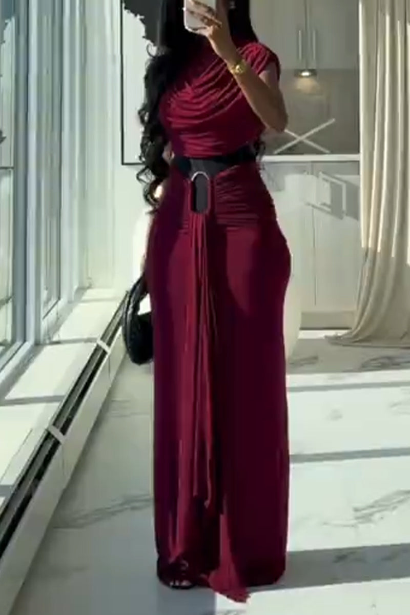Women Round Neck Waist Cinched Slim Fit Elegant Temperament Maxi Dresses