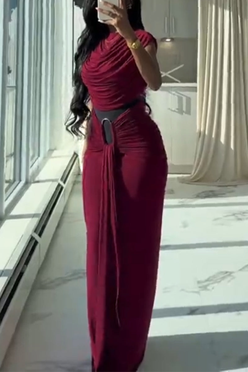 Women Round Neck Waist Cinched Slim Fit Elegant Temperament Maxi Dresses