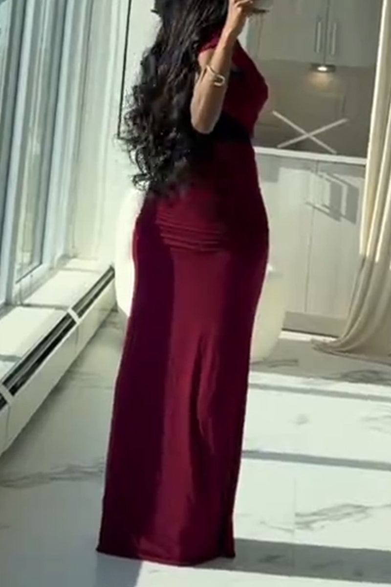 Women Round Neck Waist Cinched Slim Fit Elegant Temperament Maxi Dresses