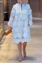 Women Round Neck Flower Hollow Lace Midi Dresses