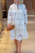 Women Round Neck Flower Hollow Lace Midi Dresses