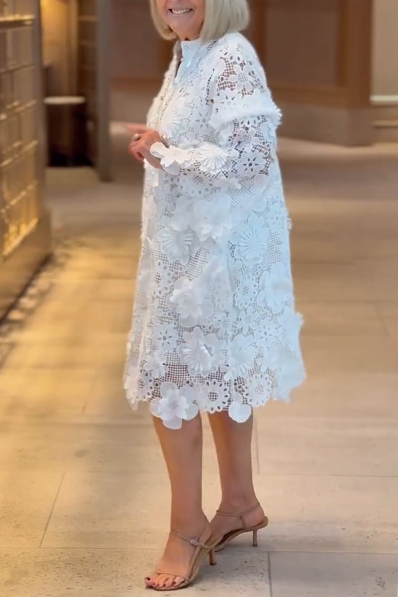 Women Round Neck Flower Hollow Lace Midi Dresses