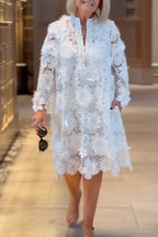 Women Round Neck Flower Hollow Lace Midi Dresses