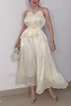 Women Round Neck Rhinestone Splicing Sleeveless Top+ Half Skirt Elegant Casual Set