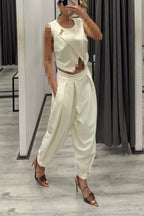 Women Round Neck Patchwork Sleeveless Top+ Pants Casual Suit