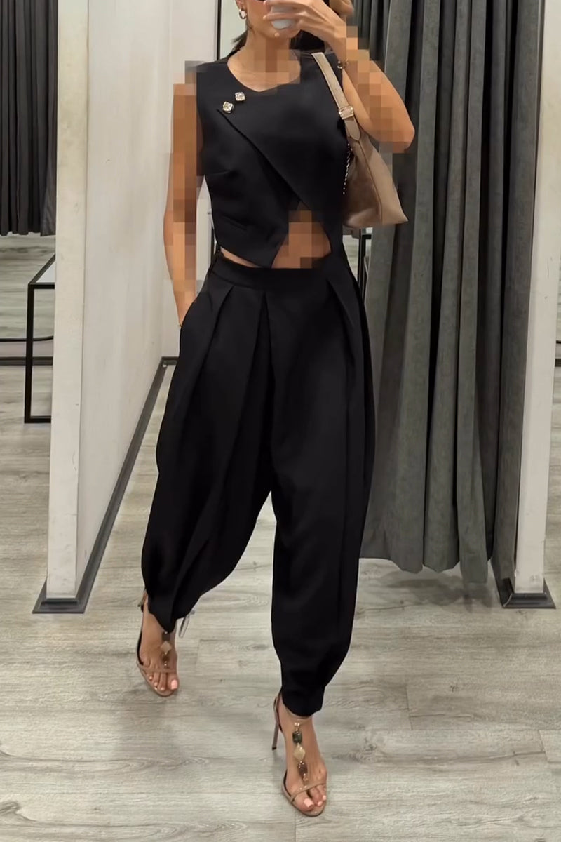 Women Round Neck Patchwork Sleeveless Top+ Pants Casual Suit