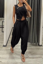 Women Round Neck Patchwork Sleeveless Top+ Pants Casual Suit