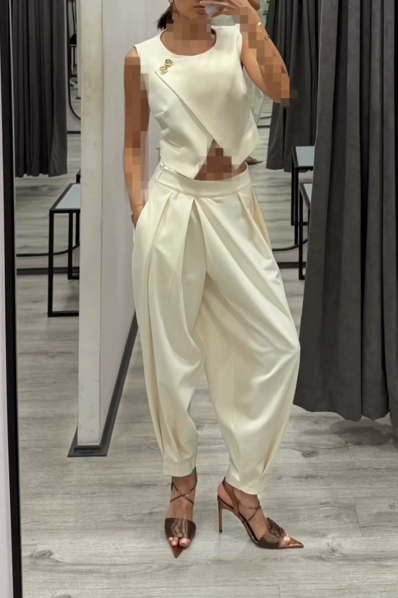 Women Round Neck Patchwork Sleeveless Top+ Pants Casual Suit
