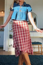 Women's Casual Puff Sleeve Button Front Cropped Denim Shirt With Collar Or Checked Casual Skirt