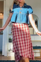 Women's Casual Puff Sleeve Button Front Cropped Denim Shirt With Collar Or Checked Casual Skirt