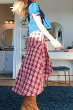 Women's Casual Puff Sleeve Button Front Cropped Denim Shirt With Collar Or Checked Casual Skirt