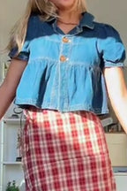 Women's Casual Puff Sleeve Button Front Cropped Denim Shirt With Collar Or Checked Casual Skirt