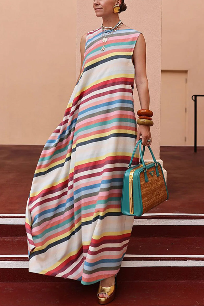 Women Summer Rainbow Stripe Sleeveless Crew Neck Loose Linen Maxi Dress