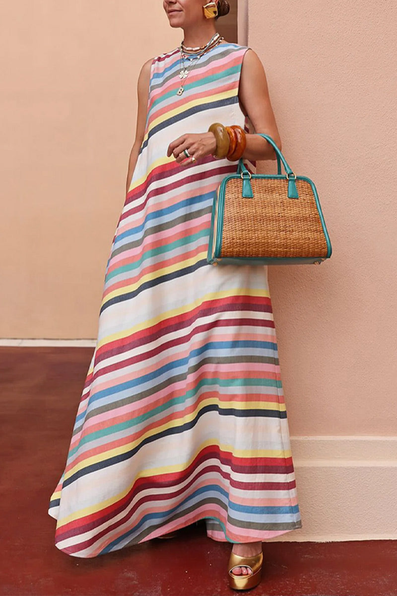 Women Summer Rainbow Stripe Sleeveless Crew Neck Loose Linen Maxi Dress