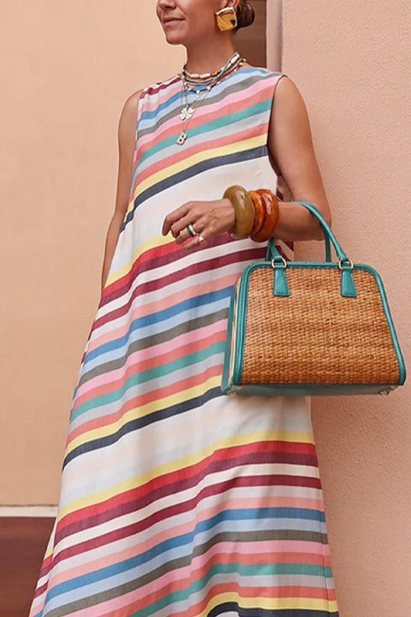 Women Summer Rainbow Stripe Sleeveless Crew Neck Loose Linen Maxi Dress