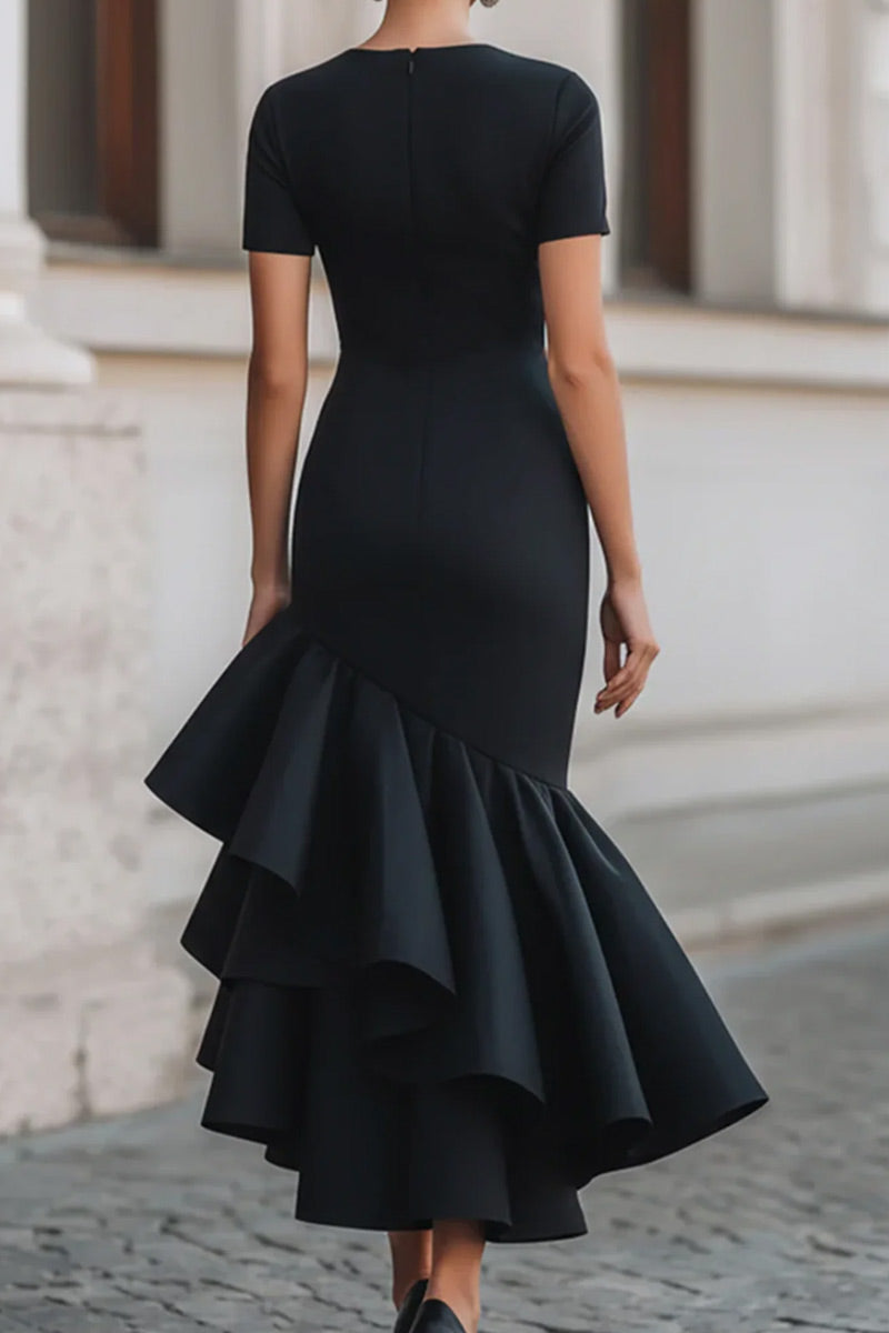 Women Black Crew Neck Short Sleeve Ruched Waist Irregular Ruffle Split Mermaid Midi Dress