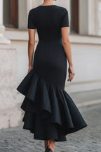 Women Black Crew Neck Short Sleeve Ruched Waist Irregular Ruffle Split Mermaid Midi Dress
