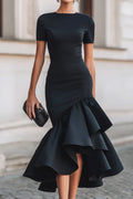 Women Black Crew Neck Short Sleeve Ruched Waist Irregular Ruffle Split Mermaid Midi Dress