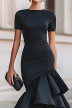 Women Black Crew Neck Short Sleeve Ruched Waist Irregular Ruffle Split Mermaid Midi Dress