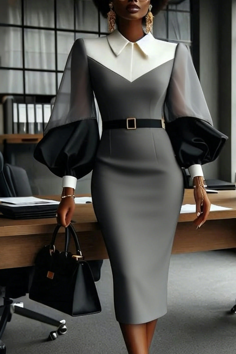 Women Contrast Lapel Sheer Balloon Sleeve Belted Slim Pencil Midi Work Dress