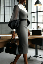Women Contrast Lapel Sheer Balloon Sleeve Belted Slim Pencil Midi Work Dress