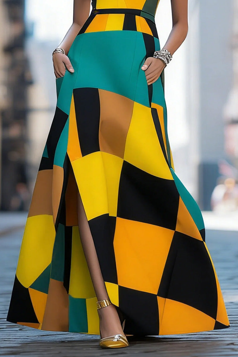 Women Multi Tone Geometric Color Block Short Sleeve Waist Belt Split Pocket Maxi Dress