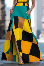 Women Multi Tone Geometric Color Block Short Sleeve Waist Belt Split Pocket Maxi Dress