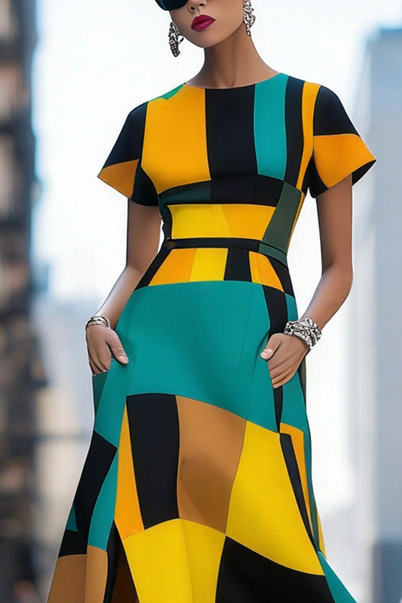 Women Multi Tone Geometric Color Block Short Sleeve Waist Belt Split Pocket Maxi Dress