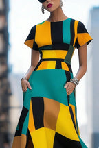 Women Multi Tone Geometric Color Block Short Sleeve Waist Belt Split Pocket Maxi Dress